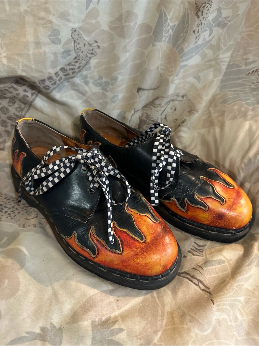 Men's Black Leather Derby Shoes with Orange Flame Accent